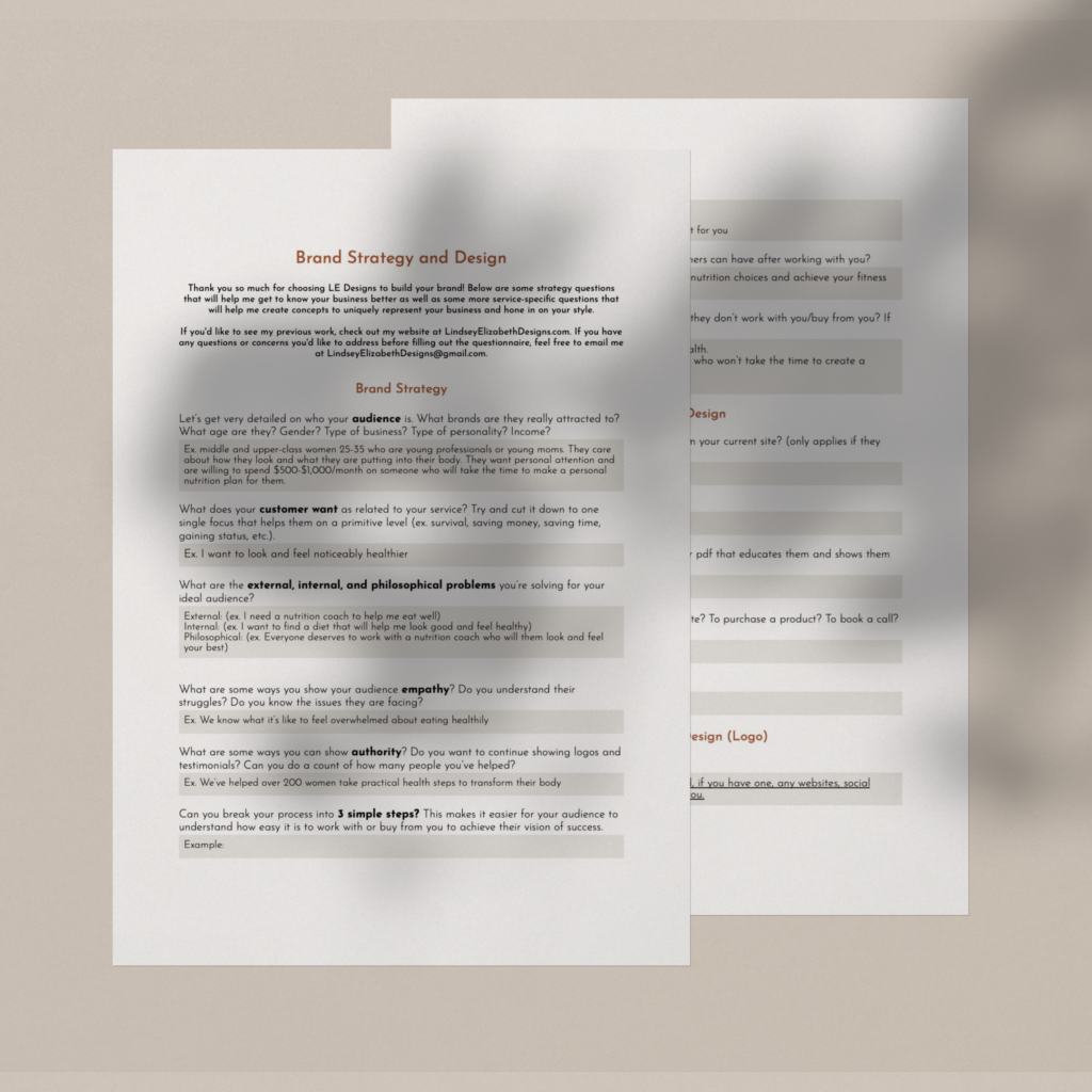 mockup of brand strategy and brand design questionnaire by LE Designs LLC